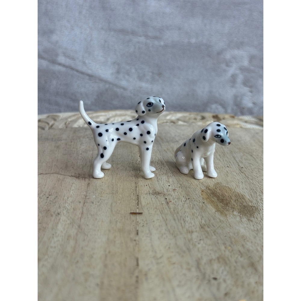 Miniature Ceramic Dalmatian Dog Figurines Set of 2 Porcelain Spotted Puppies